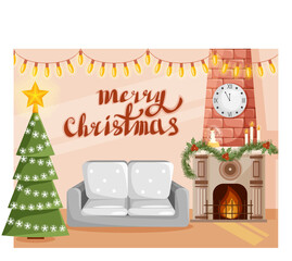Merry Christmas greeting card, with decorated fir tree and fireplace.