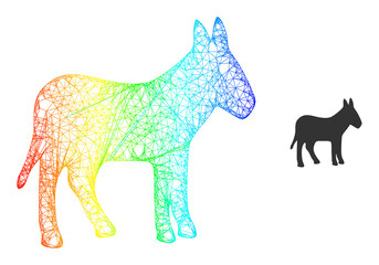 Crossing mesh donkey model icon with rainbow gradient. Colorful frame mesh donkey icon. Flat mesh created from donkey pictogram and crossed lines.