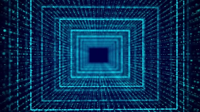 Abstract dynamic wireframe tunnel on blue background. Futuristic 3D portal. Futuristic particle flow. 3d rendering.