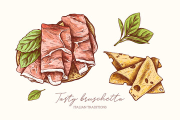 Tasty bruschetta with prosciutto, rosemary, basil, cherry tomato slice linear elements. Italian ingredients. Engraved illustration. Snack
