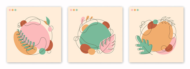 Fototapeta premium Abstract backgrounds, minimal style with space for text. Square design templates for social media posts, discounts. Liquid, round shapes, leaves, trendy sets. Natural colors: brown, green, beige, pink