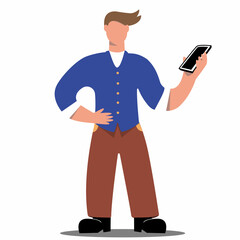 Happy man is holding a smartphone. Person and gadget. Communication in the network. Vector illustration in cartoon style. Isolated.