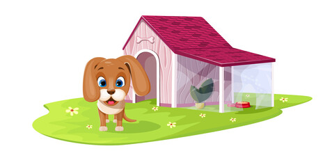 Obraz na płótnie Canvas Cute and smile cartoon dog with house on green grass