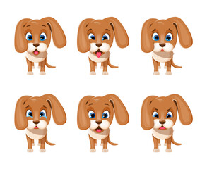 Set of dog's emotions in cartoon style: joyful, cheerful, sad, upset, angry and surprised