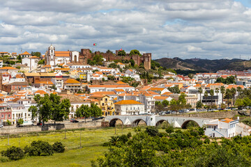 Silves cityscape with Moorish castle and cathedral in Algarve, Portugal