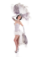 Burlesque dancer performing burlesque show with stage costume, isolated on white