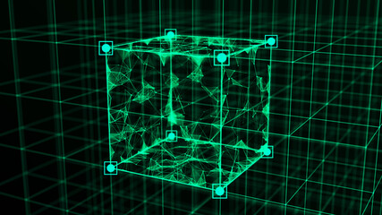 Technology blockchain concept. Visualization of the dynamic flow of the cryptocurrency industry. Big data flow connections. Network connection structure. 3D Rendering.