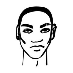 Contemporary African American young man's, teenager's with piercing and slits on eyebrows art portrait, line art guy