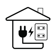 House sign and socket with plug, black icon on white background, vector illustration