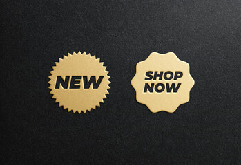 Stickers for New Arrival shop product tags, new labels or sale posters and banners vector sticker icons templates. Symbol of new and shop now in gold with black background. Illustration 3d