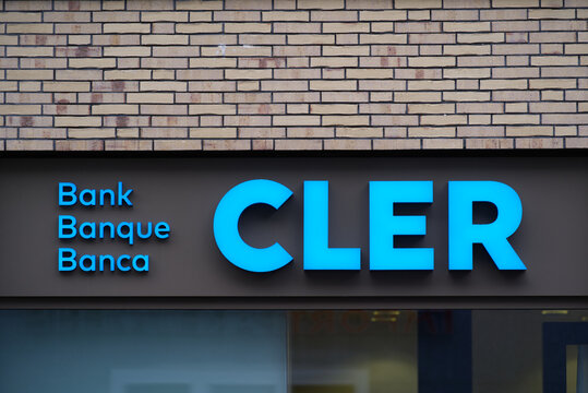 Logo of Swiss bank Cler at Z&uuml;rich Oerlikon on a rainy winter day. Photo taken December 9th, 2021, Zurich, Switzerland.
