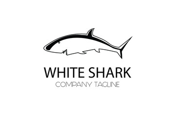 White Shark with fin and sharp teeth silhouette for vintage retro rustic diving and water adventure logo design vector