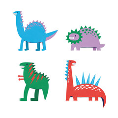 Set of hand drawn illustrations of funny colorful dinosaurs 
