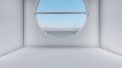 Interior background round window in empty room 3d rendering