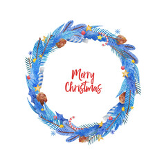Watercolor New Year's wreath. A wreath of fir branches, cones, leaves and stars. Perfect for your Christmas designs.