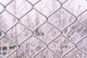 Frost on a metal grid against a winter background.