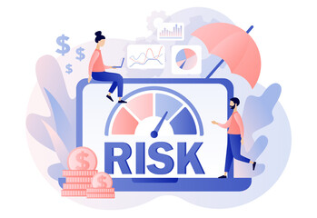 Risk management. Risk assessment online. Business and investment concept. Risk levels knob. Tiny people review, evaluate, analysis risk. Modern flat cartoon style. Vector illustration 