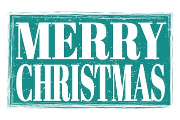 MERRY CHRISTMAS, words on blue grungy stamp sign