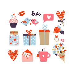 Set of vector elements for Valentine's Day. Hearts, birds, cup, cupcake, envelope, flowers, kiss, ring and gift boxes on a white background. Perfect for banners, cards, invitations, packaging.