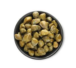 Capers in bowl isolated on white, top view
