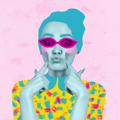 Fototapeta premium Young beautiful girl wearing digital eyewear and bright outfit. Contemporary colorful and conceptual bright art collage.