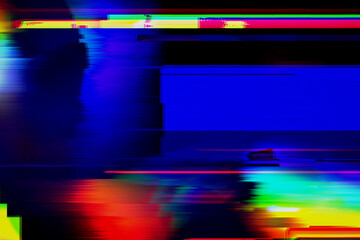 Abstract blue, red and green background with interlaced digital Distorted Motion glitch effect. Futuristic cyberpunk design. Retro futurism, webpunk, rave 80s 90s aesthetic techno neon colors © Aleksandra Konoplya