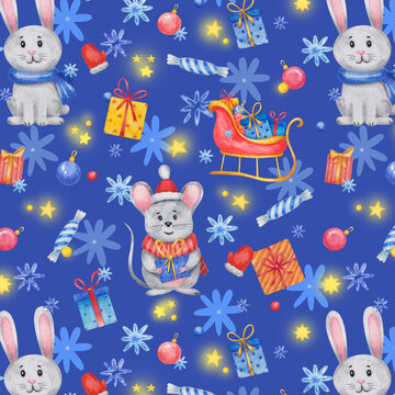 Watercolor seamless New Year pattern with a mouse, a hare and a Christmas sleigh with gifts on a dark background. Hand-drawn picture