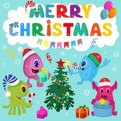Cute Christmas Monsters Vector Card