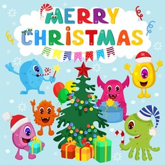 Obraz na płótnie Canvas Cute Christmas Monsters Vector Card
