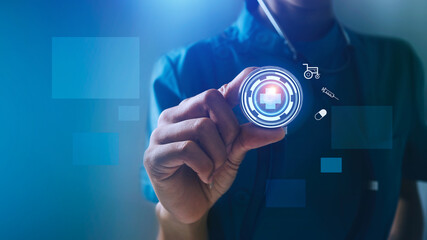 Nurse hand holding stethoscope displaying futuristic HUD icon technology of medical, metaverse data updated concept.