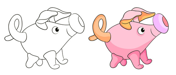 Pig. In the animal world. Black and white image. Coloring book for children. Vector drawing.