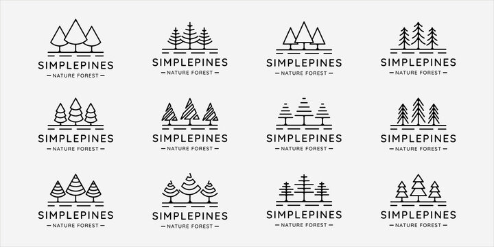 set of pines tree logo line art simple vector illustration template icon graphic design. bundle collection of various minimalist shape pine symbol of nature