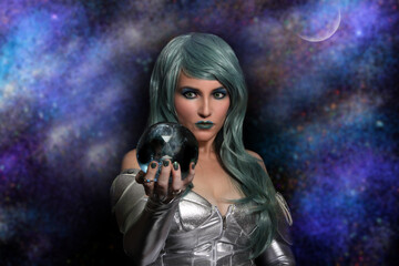 Psychic Woman With Blue Hair and crystal ball