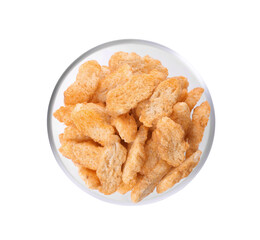 Crispy rusks with seasoning in bowl isolated on white, top view