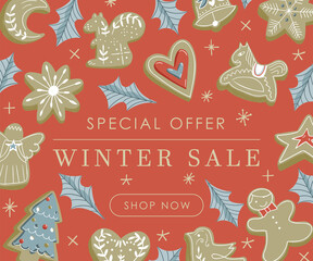 Web banner cute design illustration with red background, beige sparkles stars, cookies, holly leaves with Special offer Winter sale Shop now button sign - 473990306