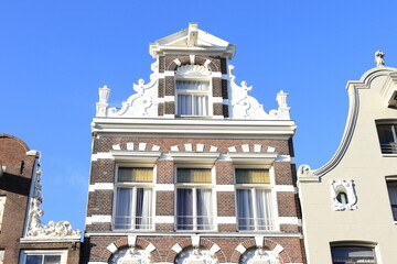 Amsterdam Spuistraat Street Decorated Gable with Sculpted Details and Brickwork, Netherlands