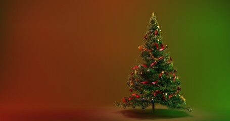Christmas xmas tree decorated with balls, lights, fluffy ribbons and candles. Happy new year holiday 2022. Green and red background. 3D illustration.