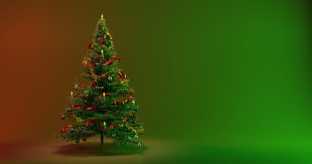 Christmas xmas tree decorated with balls, lights, fluffy ribbons and candles. Happy new year holiday 2022. Green and red background. 3D illustration.