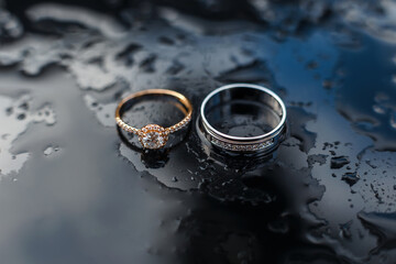 Obraz na płótnie Canvas Elegant wedding diamond rings laying among raindrops . Expensive engagement rings with gem stones. Wedding jewellery accessories. Macro photo with soft selective focus