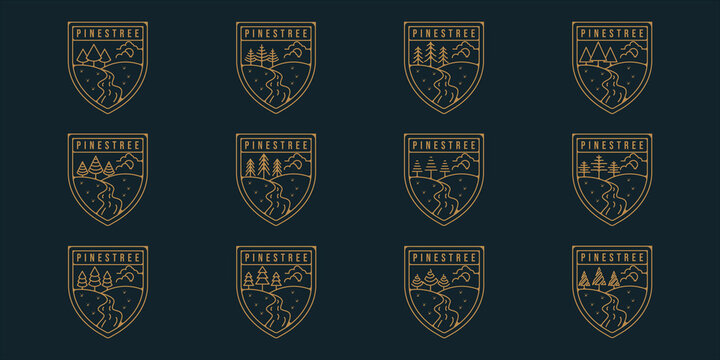 set of pines tree logo line art simple vector illustration template icon graphic design. bundle collection of various minimalist shape pine symbol of nature with badge and typography style
