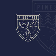 pines tree logo line art simple minimalist template icon graphic design. pine symbol of nature with badge and typography
