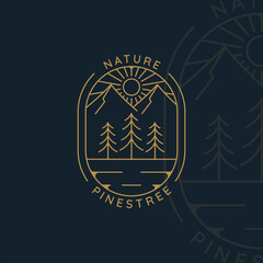pines tree logo line art simple minimalist template icon graphic design. pine symbol of nature with badge and typography