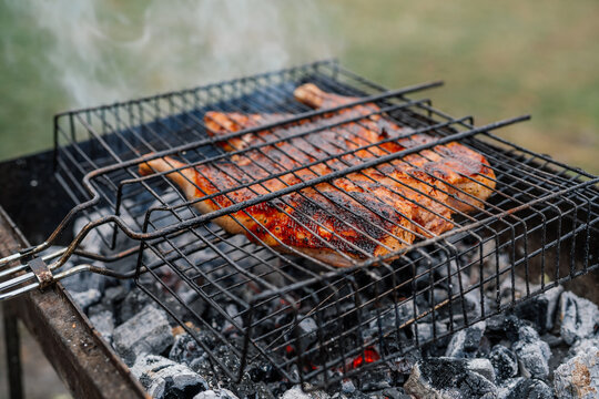 charcoal cooking grilled chicken brazier nature fresh air