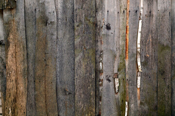 Wall made of uncutted weathered wood boards.