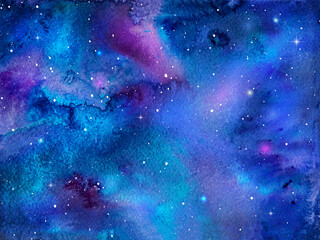 Watercolor space texture, galaxy with glowing stars. Night starry sky with white stardust.