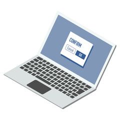 シンプルな確認画面を表示するノートパソコン アイソメトリック ベクターイラスト 左向き