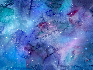 Watercolor space texture, galaxy with glowing stars. Night starry sky with white stardust.