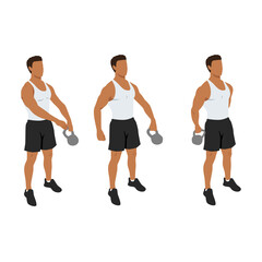 Kettlebell around the worlds exercise. Flat vector illustration isolated on white background. workout character set