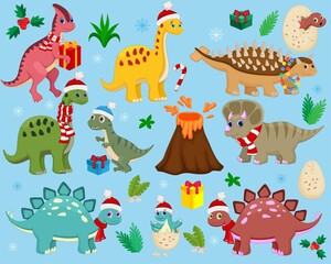 Cute Christmas Dinosaurs Vector Set