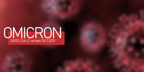 Omicron COVID-19. Pandemic concept. Red background with coronavirus germs. SARS-CoV-2. B.1.1.529